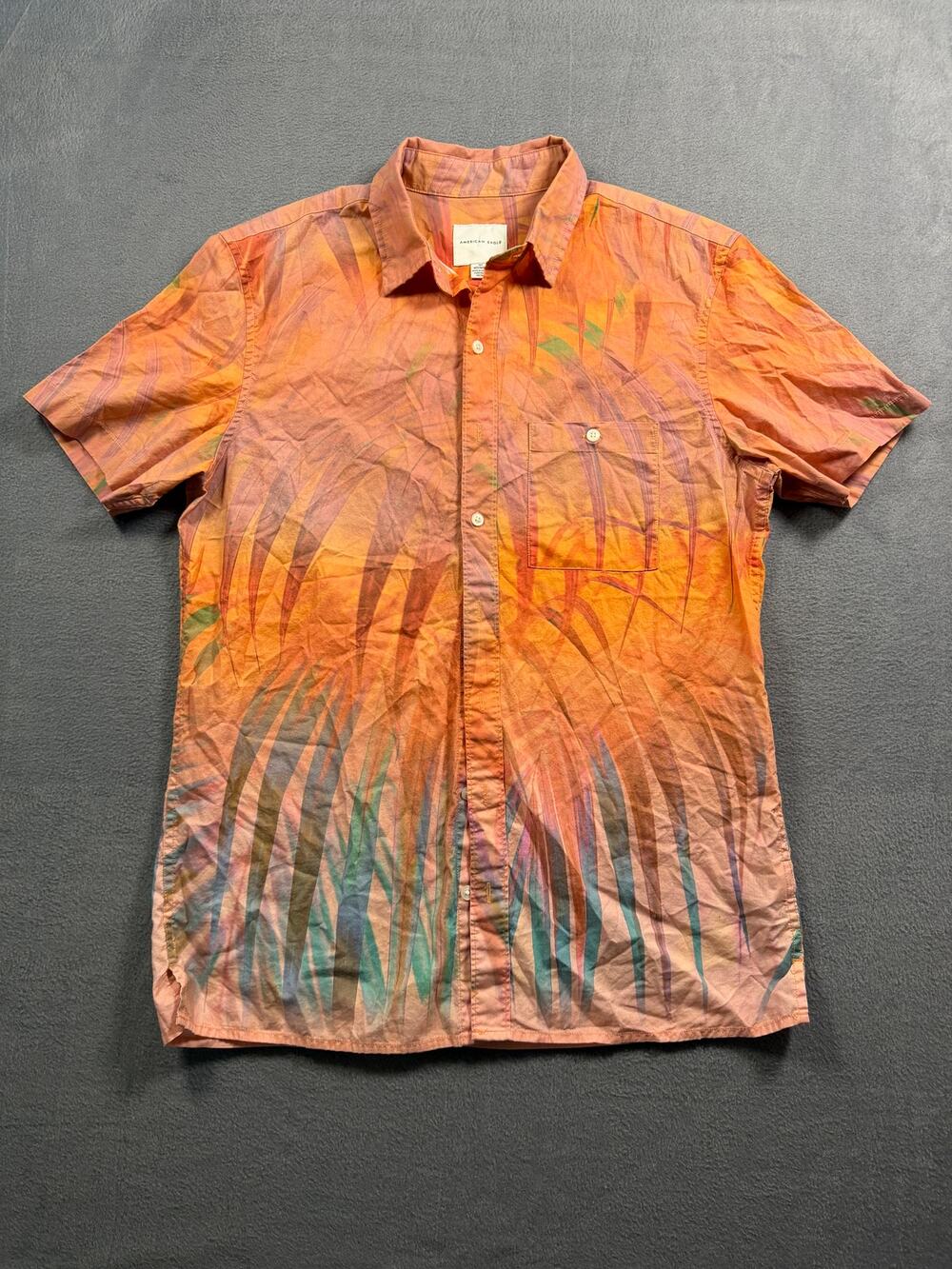 American Eagle Men Orange Tropical Palm Leaf Short Sleeve Button Up Shirt Medium